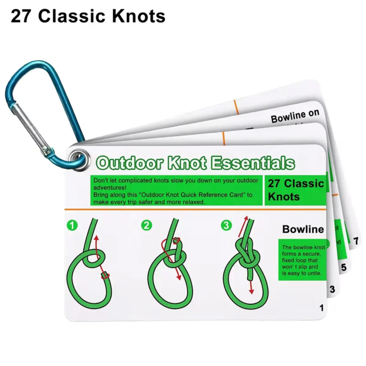 Karten-Set "Outdoor Knoten-Guide" mit 27 klassischen Knoten, illustriert mit Schritt-für-Schritt-Anleitungen und einem Karabiner.