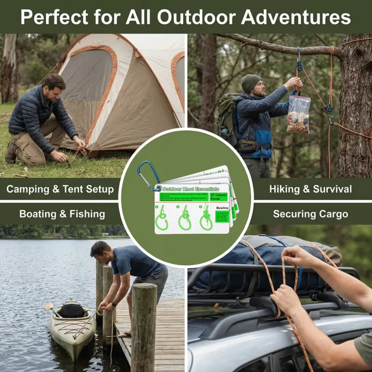 Karten-Set für Outdoor-Knoten mit praktischen Anleitungen für Camping, Angeln, Wandern und Ladungssicherung.