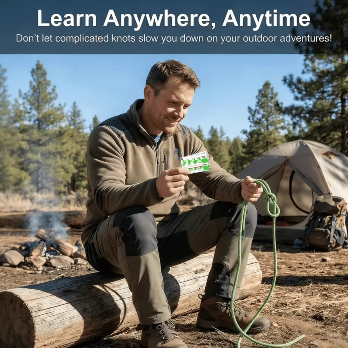 Mann lernt mit einem Outdoor Knoten-Guide Seilknoten in der Natur, neben einem Zelt und Lagerfeuer.