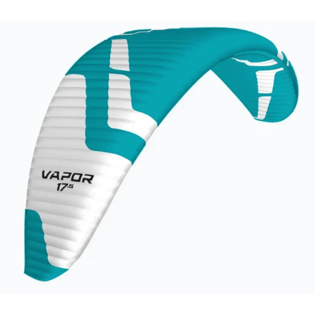Türkisfarbener und weißer Ozone Vapor 17.5 Kite für Fortgeschrittene, mit aerodynamischem Design und auffälliger Grafik.