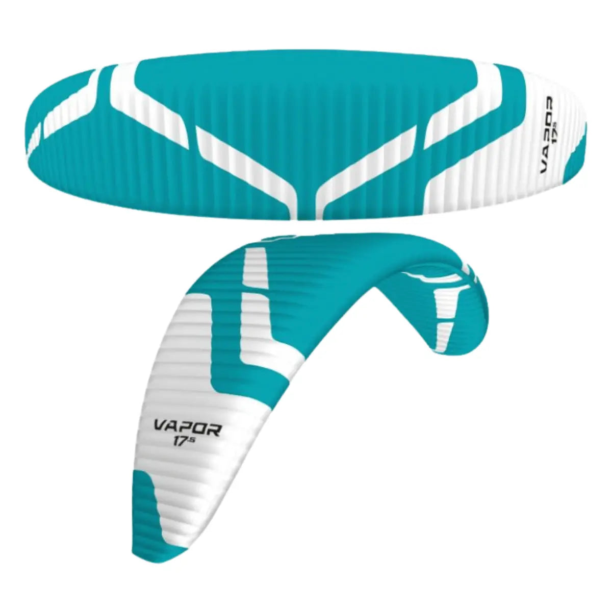 Türkisfarbener und weißer Ozone Vapor 17.5 Parakite, mit auffälligen weißen Streifen und dem Logo, isoliert auf weißem Hintergrund.