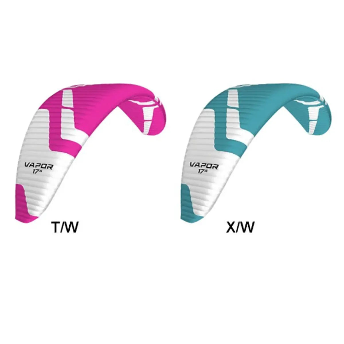 Zwei bunte Parakites in Pink und Türkis, beide mit dem Schriftzug "VAPOR 17" und weißen Streifen auf dem Stoff.