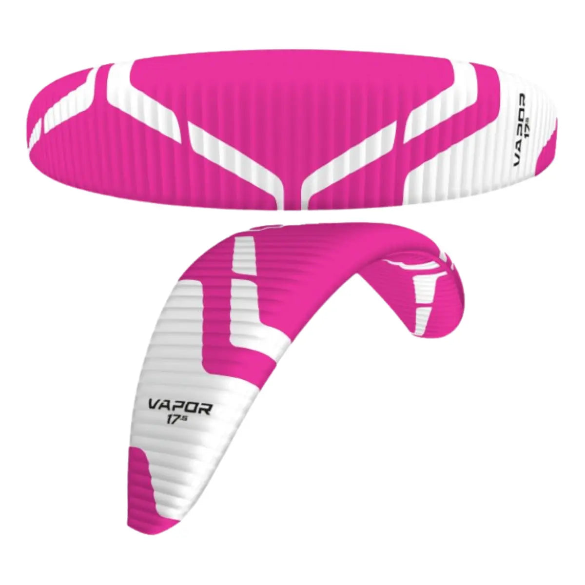 Zwei rosa und weiße Parakites, einer flach ausgebreitet, der andere im Flugprofil, beide mit dem Aufdruck "VAPOR 17s".