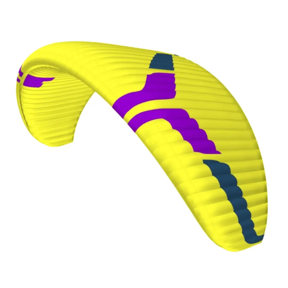 Ozone Buzz Z7 (Mid EN-B) Gleitschirm mit gelb-lila Design, bekannt für seine hohe passive Sicherheit und innovative Technologie für optimales 
