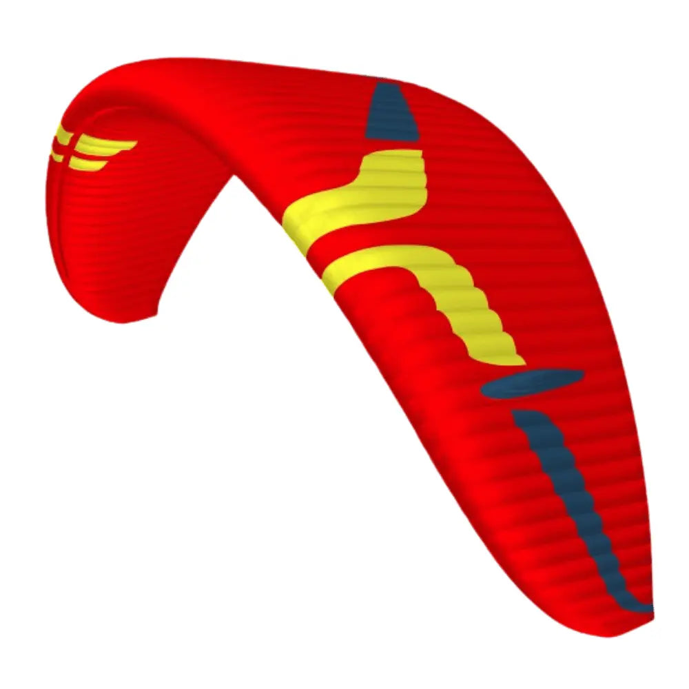 Ozone Delta 5 (EN-C) Gleitschirm mit rotem Schirm und Pilot in Aktion, ideal für fortgeschrittene Flieger.