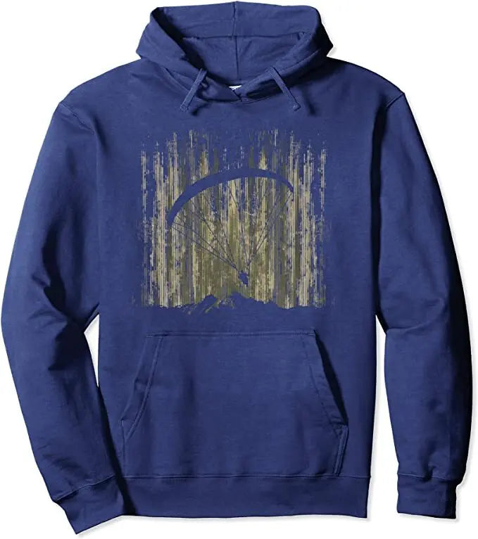 Blauer Paragliding Hoodie Adventure mit Paraglider-Motiv, perfekt für Gleitschirm-Enthusiasten. Hochwertige Verarbeitung, geeignet für Männer und Frauen. Ideal für Piloten und Extremsportler.