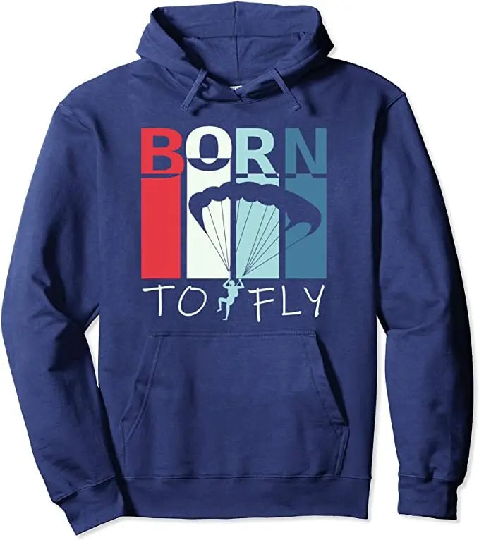 Blauer Paragliding Hoodie mit Born to Fly Text und Fallschirm-Design, ideal für Gleitschirmpiloten. Perfektes Geschenk für Flugbegeisterte.