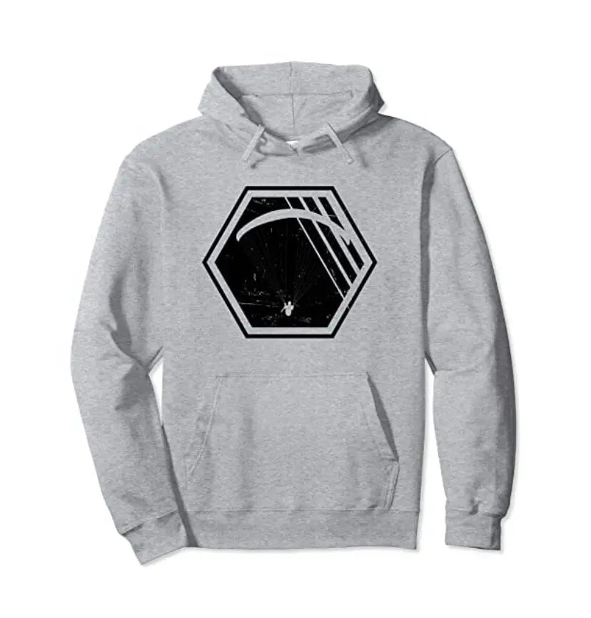 Paragliding Hoodie Vintage mit schwarzem Hexagon und Paraglider-Logo, ideal für Gleitschirmpiloten. Perfekt für Flüge, hochwertig und unisex.