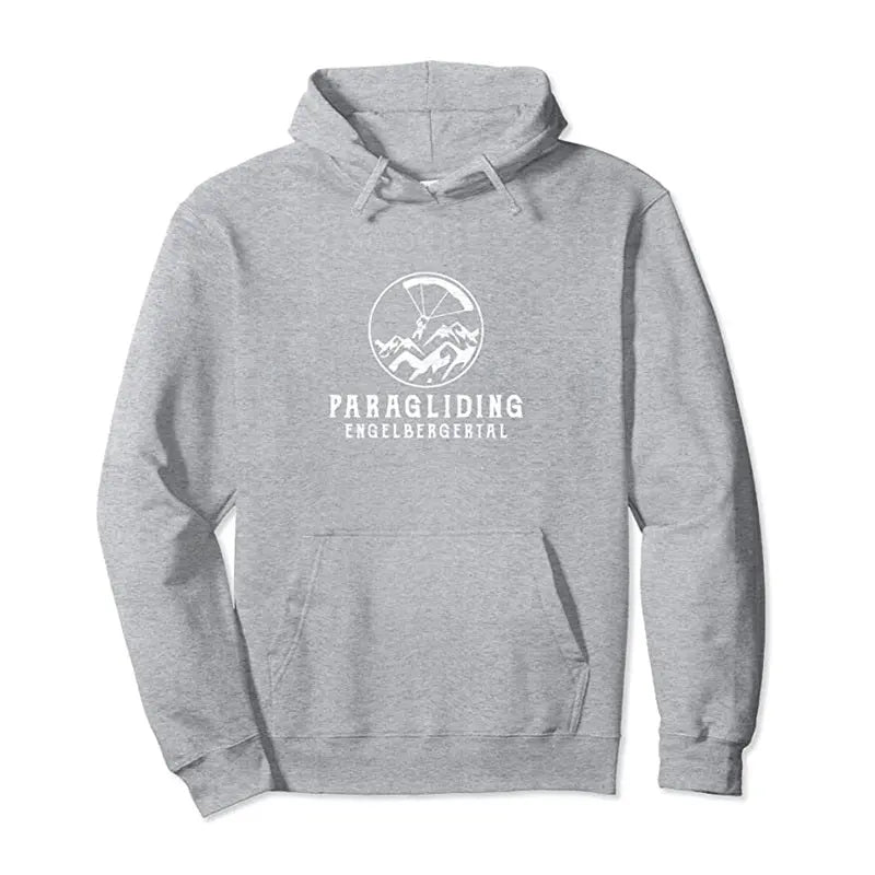 Grau meliertes Paragliding Hoodie Engelbergertal mit weißem Text und Logo eines Paragliders; ideal für Gleitschirmflieger, klassisch geschnitten mit Kapuze.