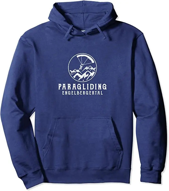 Paragliding Hoodie Engelbergertal mit weißem Text und einem Fallschirmspringer-Logo, ideal für Gleitschirmflieger. Hochwertig und klassisch geschnitten, perfekt für Paragliding-Enthusiasten.