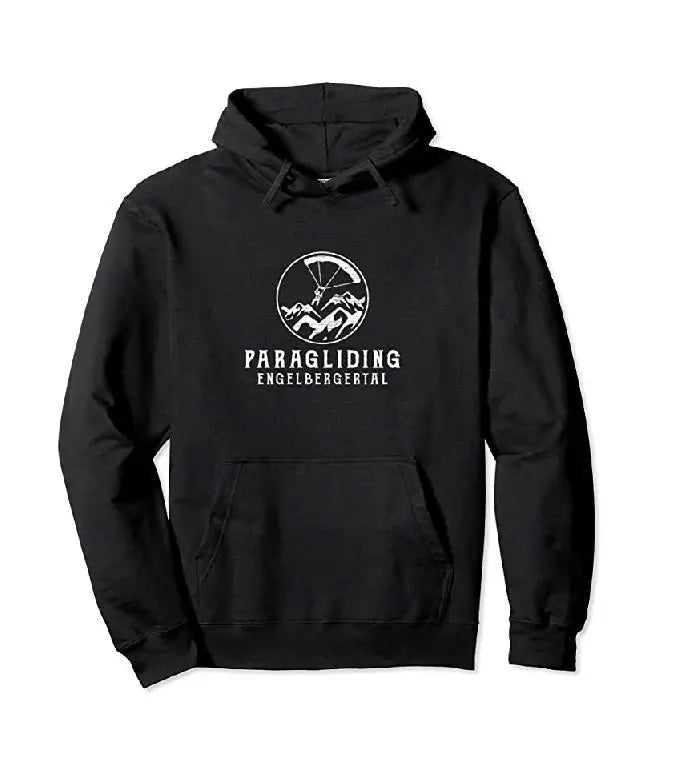 Paragliding Hoodie Engelbergertal mit weißem Text, perfekt für Gleitschirmpiloten. Klassisch geschnitten, doppelt genähter Saum, Kapuze, hochwertige Materialien. Ideal für Extremsportler.