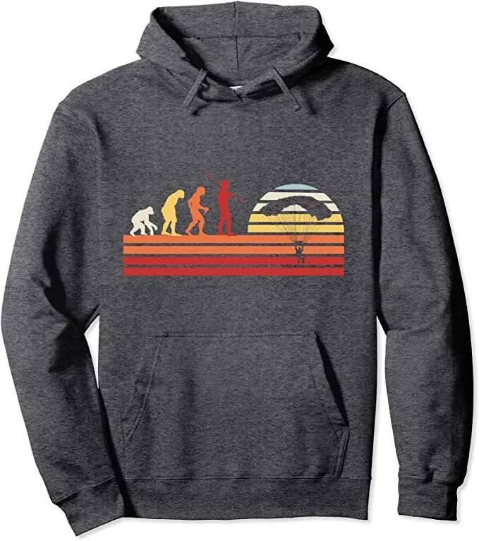 Paragliding Hoodie Evolution Retro mit grafischem Design und Kapuze, ideal für Gleitschirmflieger und Extremsportliebhaber. Perfekt für Herren und Damen.