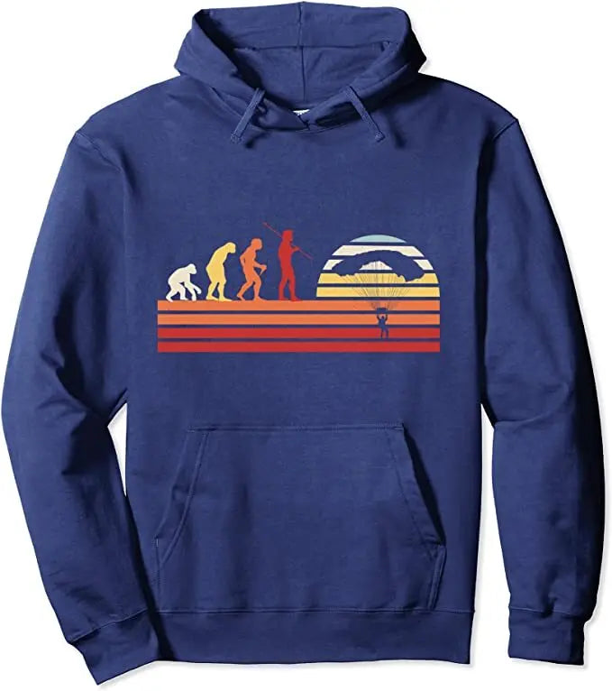 Gleitschirm Hoodie Evolution Retro mit Motiv eines sich entwickelnden Menschen beim Paragliding, ideal für Piloten und Paraglider-Enthusiasten.