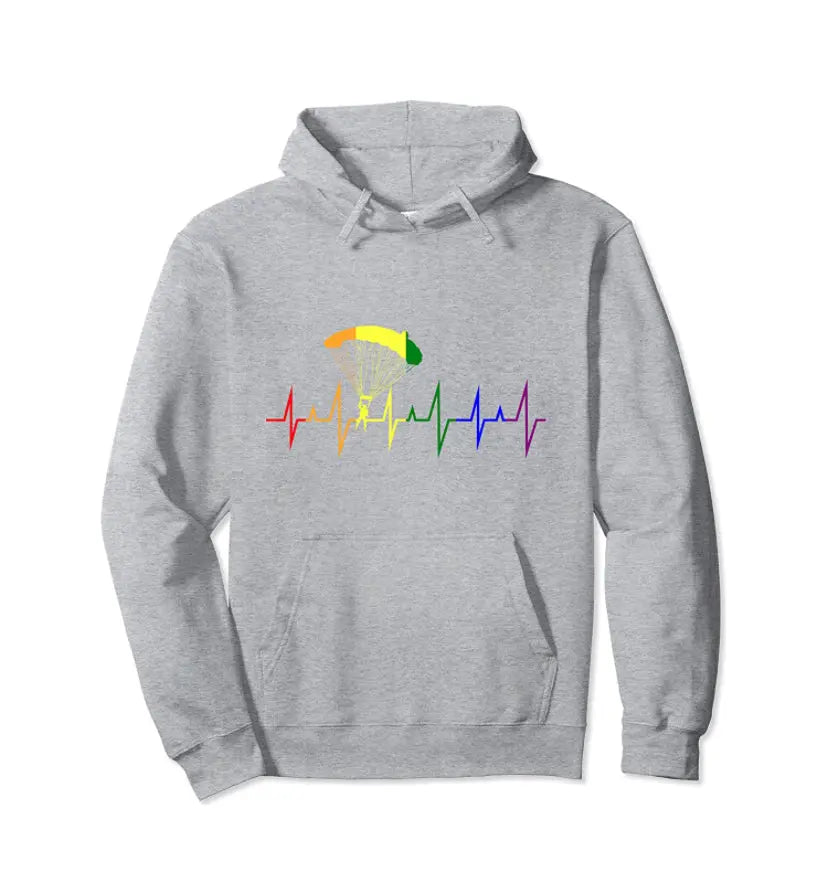 Paragliding Hoodie Herzlinie mit Regenbogen-Fallschirm-Design, perfekt für Gleitschirmflieger. Hochwertiger Kapuzenpullover für Männer und Frauen.