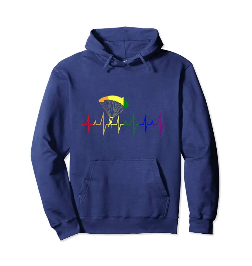 Paragliding Hoodie Herzlinie mit Regenbogen-Fallschirm und Herzlinienmotiv, ideal für Gleitschirmflieger. Hochwertige, klassische Passform mit Kapuze, perfekt für Flugsportliebhaber.