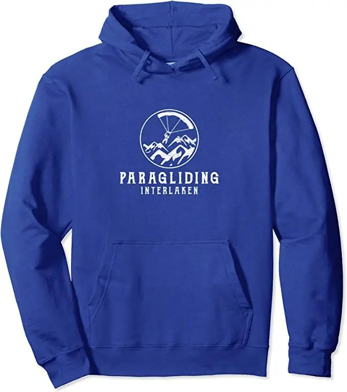 Paragliding Hoodie Interlaken mit Fallschirmsprung-Logo, ideal für Gleitschirmpiloten. Hochwertiger Kapuzenpullover, perfekt für Flugbegeisterte.