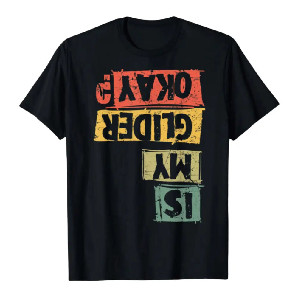 Schwarzes T-Shirt mit buntem „Is my Glider Okay?“ Design, ideal für Gleitschirmflieger und Extremsportler. Perfekt für Paragliding-Enthusiasten.