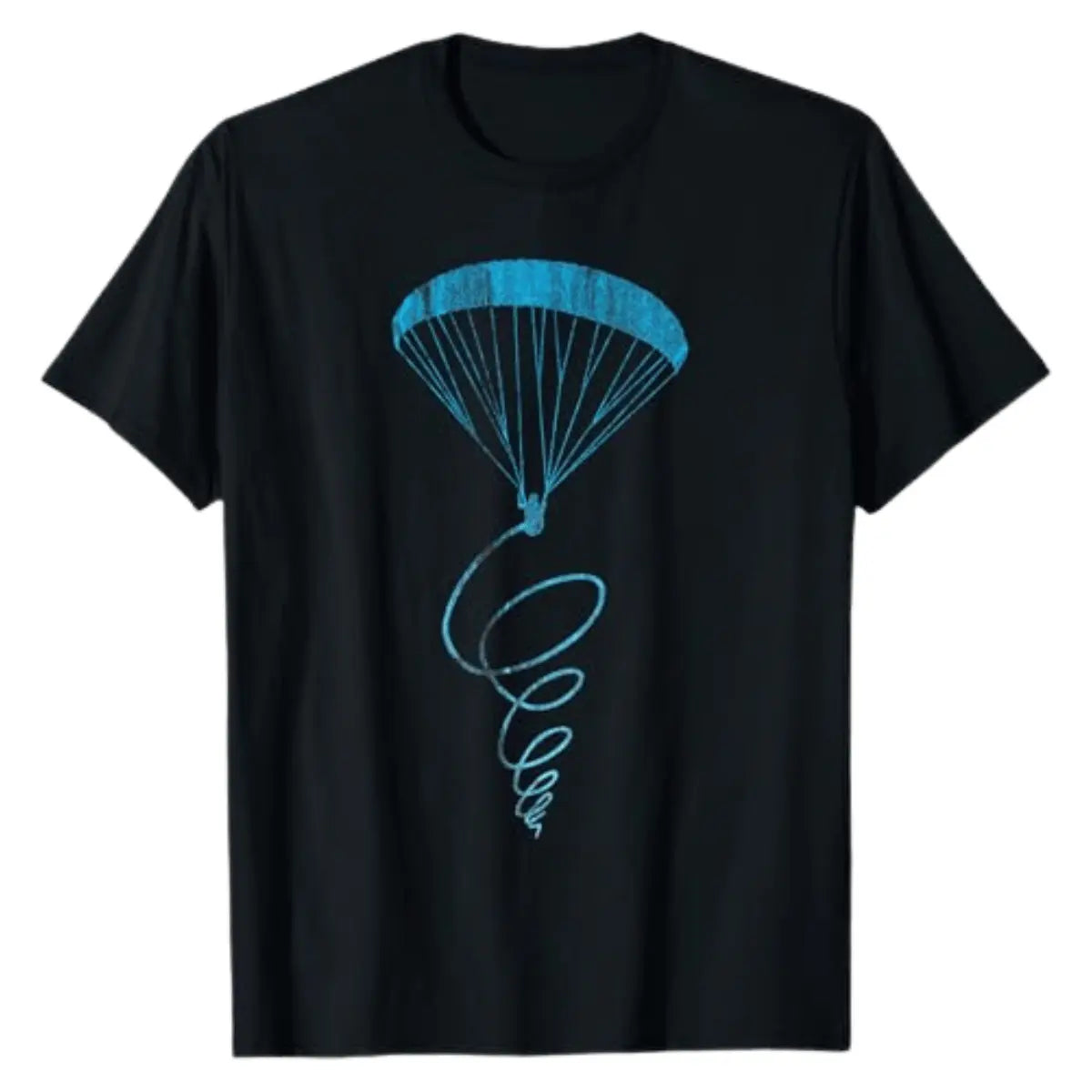 Paragliding T-Shirt Thermik mit blauem Fallschirm-Design, ideal für Gleitschirmflieger. Perfekt für Piloten und Sportliebhaber, 100% Baumwolle.