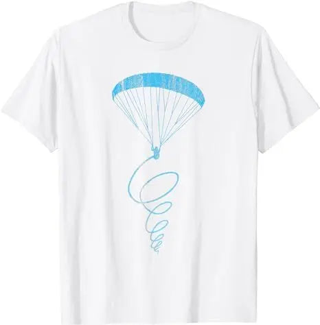 Paragliding T-Shirt Thermik mit blauem Fallschirm-Design, ideal für Gleitschirmflieger. Perfekt für Piloten und Sportliebhaber, 100% Baumwolle.
