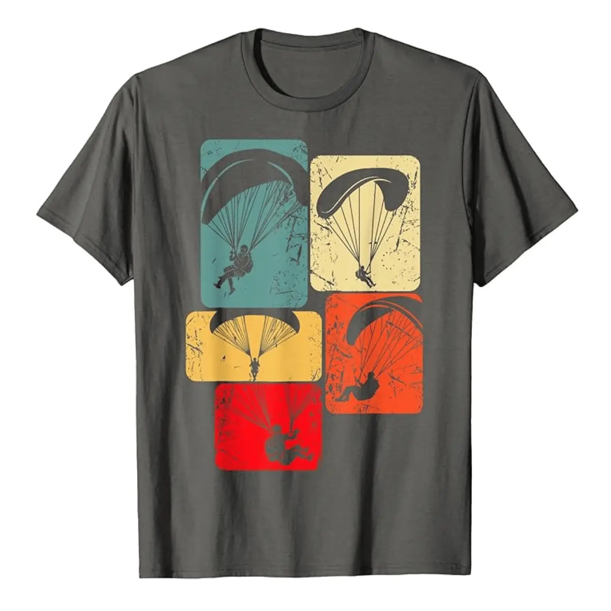 Paragliding T-Shirt Moments mit fünf Paragleiter-Silhouetten in farbigen Rechtecken, ideal für Gleitschirmpiloten, die nostalgisches Design und Tragekomfort schätzen.