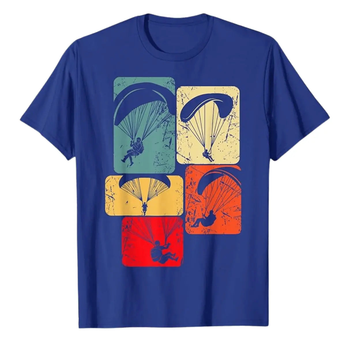 Paragliding T-Shirt Moments in Royalblau mit vintage Paragliding-Silhouetten in bunten Rechtecken, ideal für nostalgische Gleitschirmpiloten, bequem und vielseitig.
