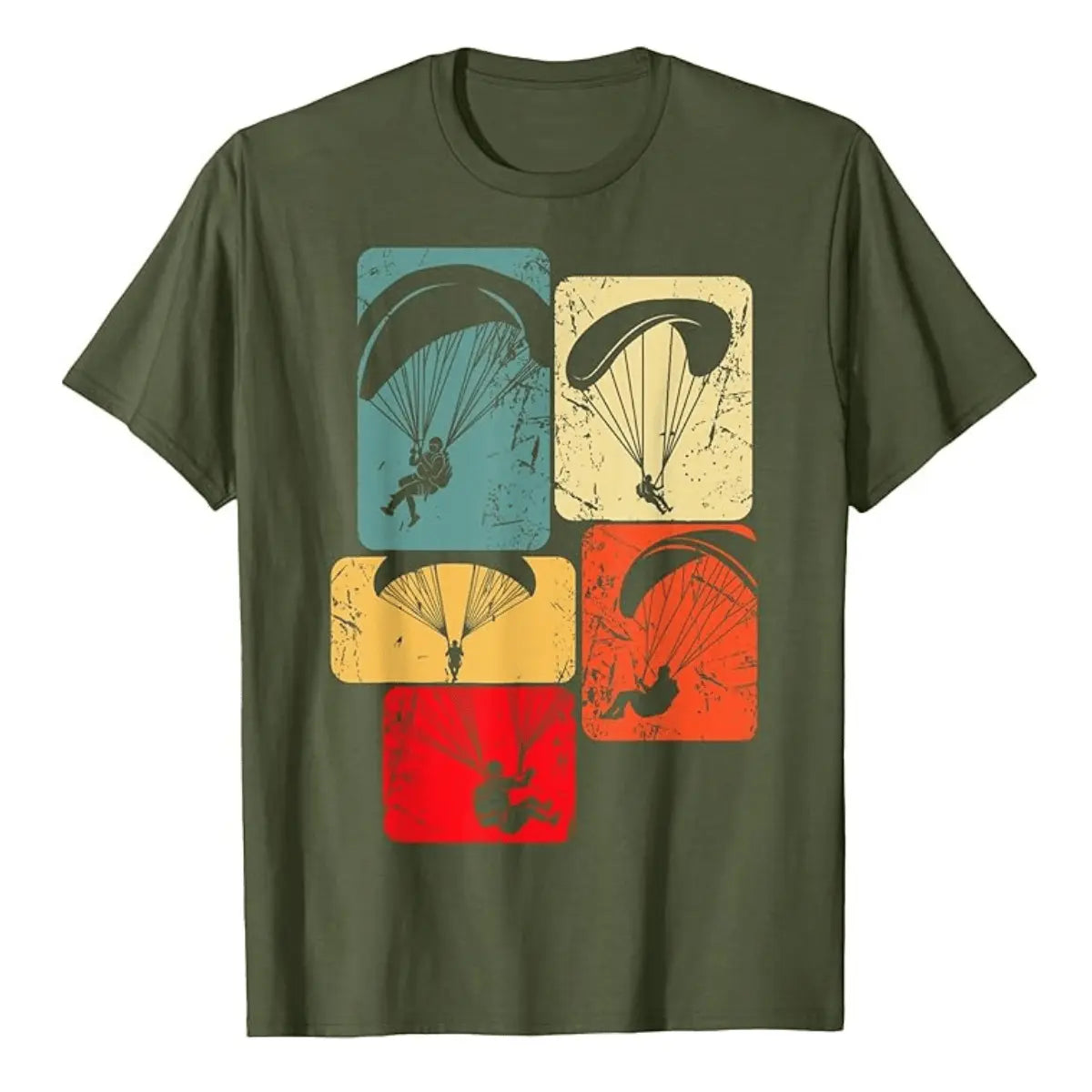 Paragliding T-Shirt Moments mit retro Paraglider-Silhouetten auf olivgrünem Hintergrund, ideal für Fliegerenthusiasten, bietet nostalgischen Charme und modernen Komfort.