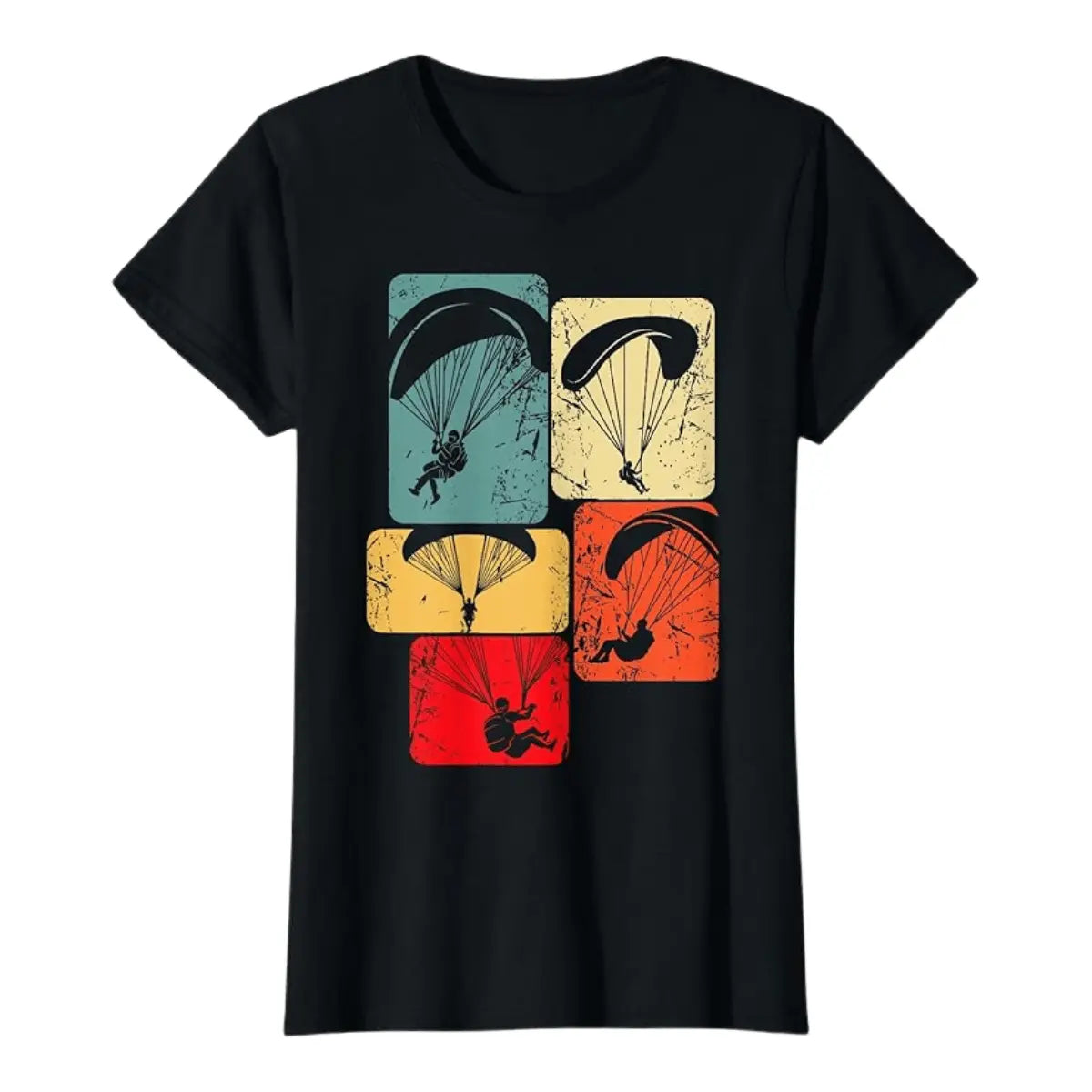 Schwarzes Paragliding T-Shirt Moments mit Silhouetten von Gleitschirmfliegern in fünf farbigen, rechteckigen Feldern für nostalgische Piloten.