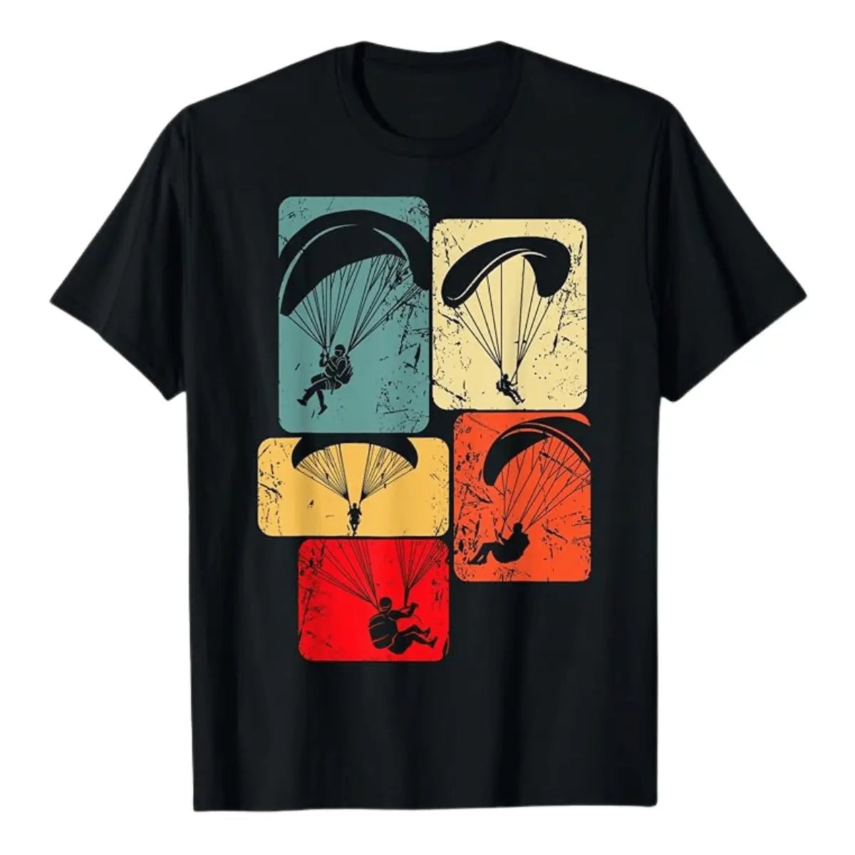 Schwarzes Paragliding T-Shirt Moments mit Silhouetten von Gleitschirmfliegern in fünf farbigen, rechteckigen Feldern für nostalgische Piloten.