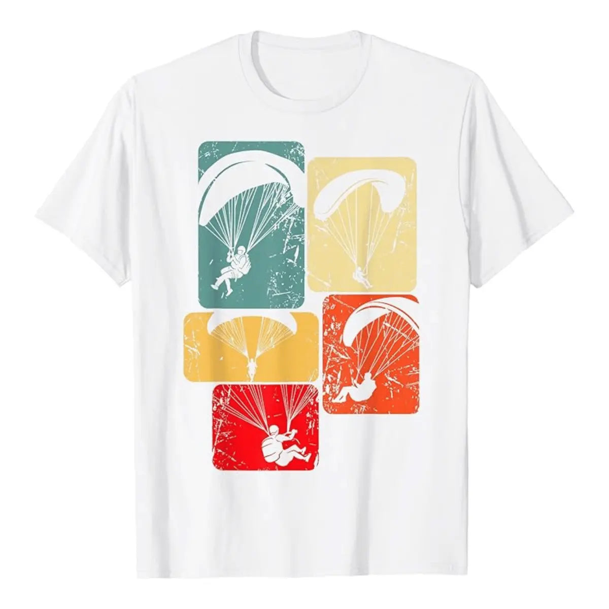Paragliding T-Shirt Moments mit retro-grafischem Design zeigt fünf gleitschirmfliegende Silhouetten, ideal für nostalgische Gleitschirmpiloten, bequem für Alltag und Reisen.
