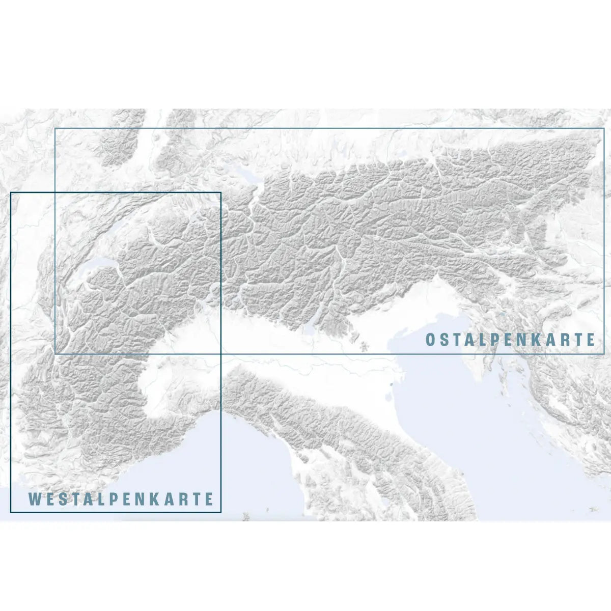 Topographische Karte der Alpen mit Hervorhebung von Ostalpenkarte und Westalpenkarte, ideal für Segelfliegen-Enthusiasten.