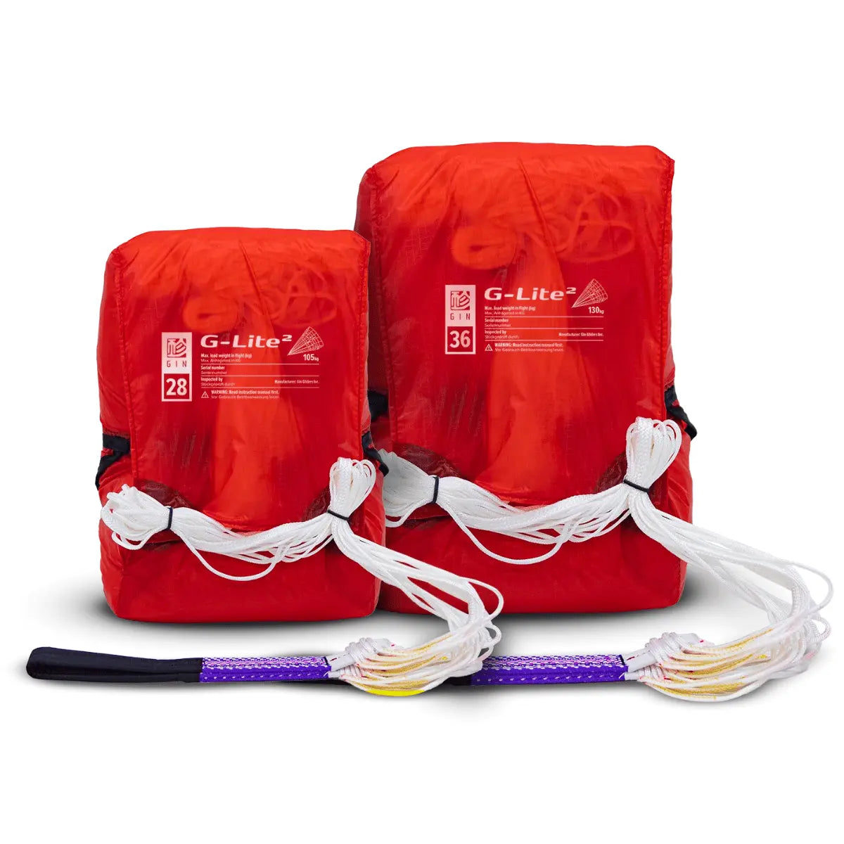 GIN G-Lite 2 Rettungsschirm mit geöffnetem weißen Rundkappen-Canopy, ideal für Gleitschirmpiloten, bietet ultraleichte Sicherheit und schnelle Öffnung.