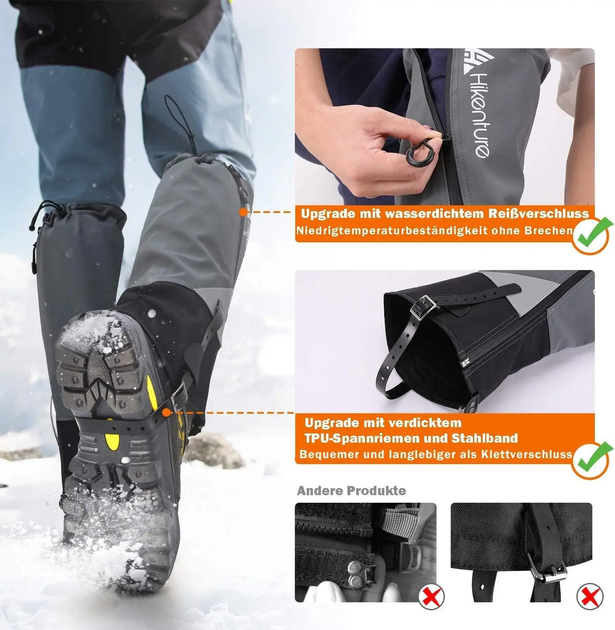 Person trägt Hikenture Gamaschen Lang, wasserdicht und robust, schützt vor Schnee und Nässe, ideal für Outdoor-Aktivitäten wie Wandern und Skifahren.