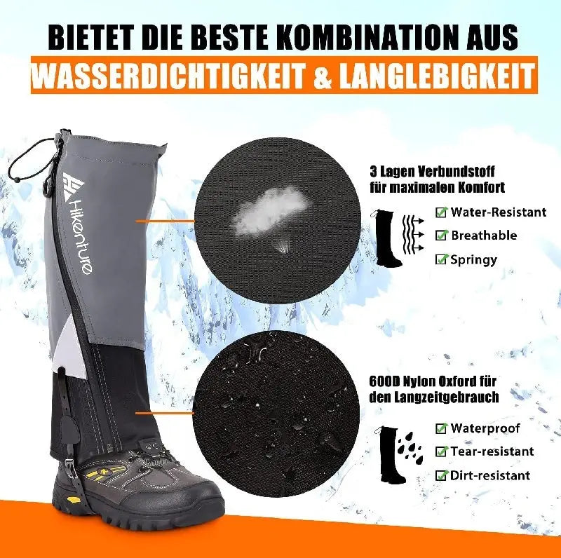 Hikenture Gamaschen Lang mit wasserdichtem Überzug für Outdoor-Aktivitäten, zeigt robustes Design nahe eines schwarzen Kreises mit Wassertropfen.