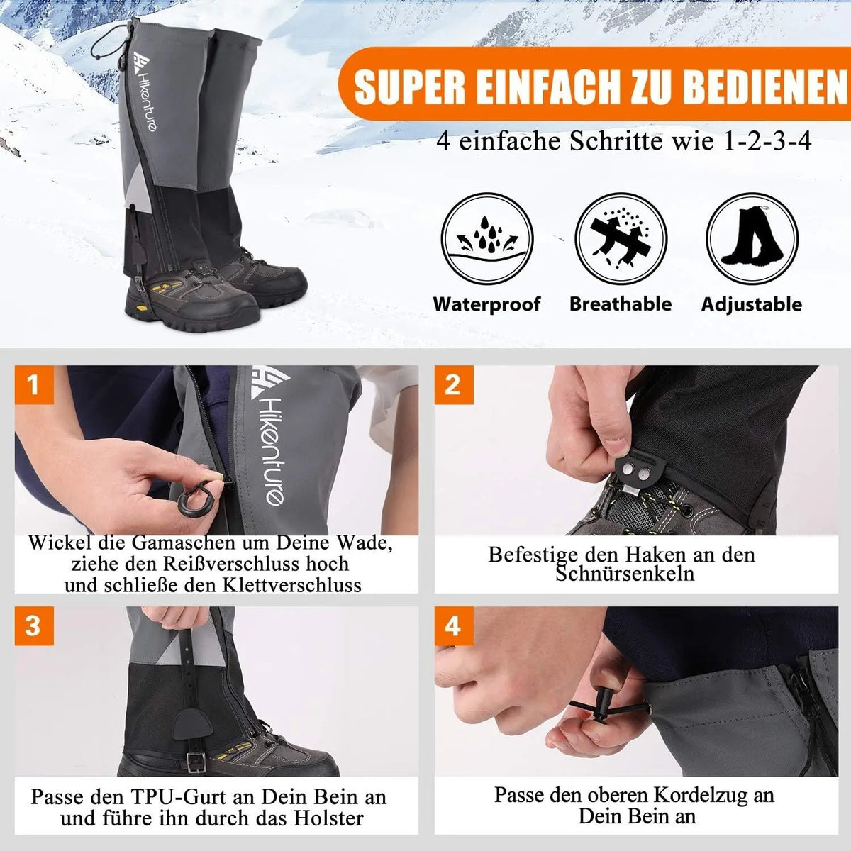 Anleitungscollage zum Tragen der Hikenture Schuh Gamaschen Lang, ideal für nasse Bedingungen beim Wandern oder Skifahren, mit wasserfestem Design und verstellbaren Riemen.