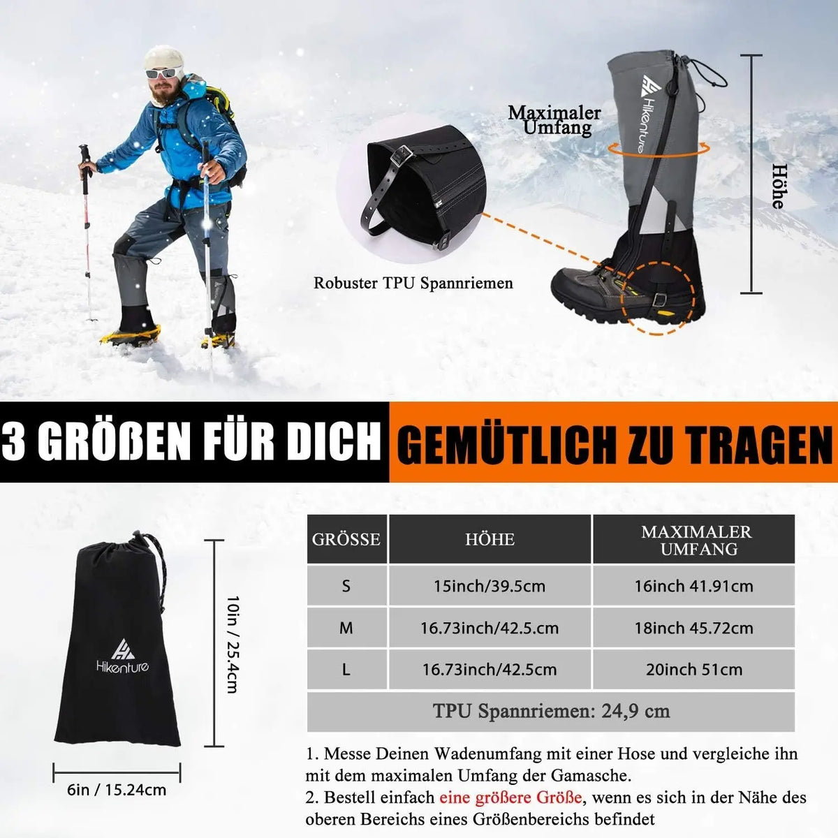 Mann mit Hikenture Gamaschen Lang in Schnee; schützt Schuhe vor Nässe, Schnee, Steinen; ideal für Outdoor-Aktivitäten wie Wandern und Skifahren.