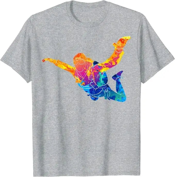 Skydiving T-Shirt Skydiver mit bunter Silhouette einer springenden Person, ideal für Skydiver und Extremsportler. Hochwertiger Druck, klassischer Schnitt, 100% Baumwolle.