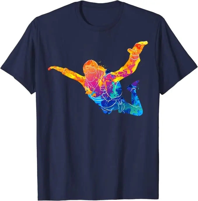 Skydiving T-Shirt Skydiver mit farbenfroher Silhouette eines springenden Extremsportlers, ideal für Skydiver und Abenteurer, aus 100% Baumwolle, bequem und hochwertig.