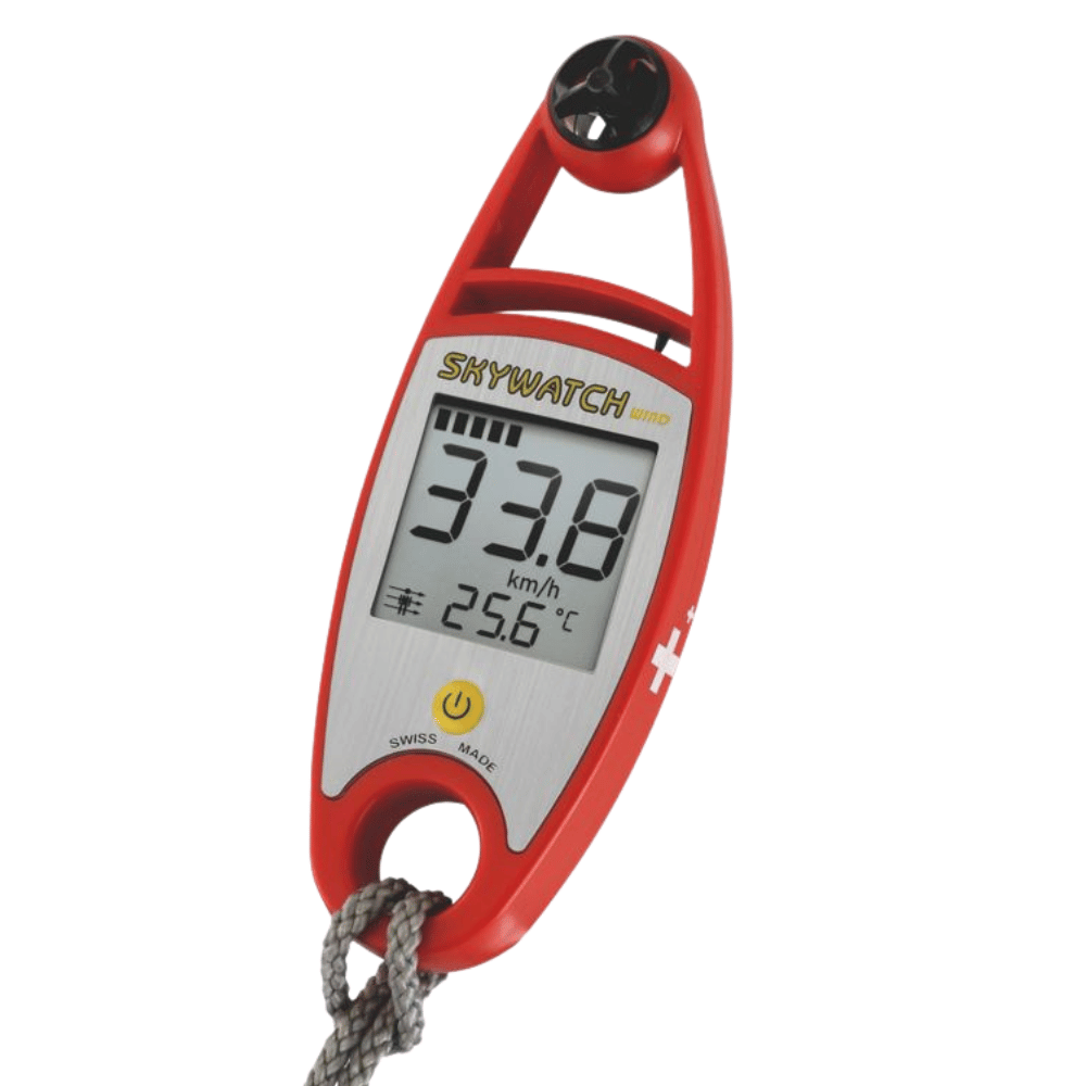 Skywatch Wind - Anemometer in Grün mit Seil, misst Windgeschwindigkeit und Temperatur, robust und wasserdicht, ideal für Paragliding-Abenteuer.