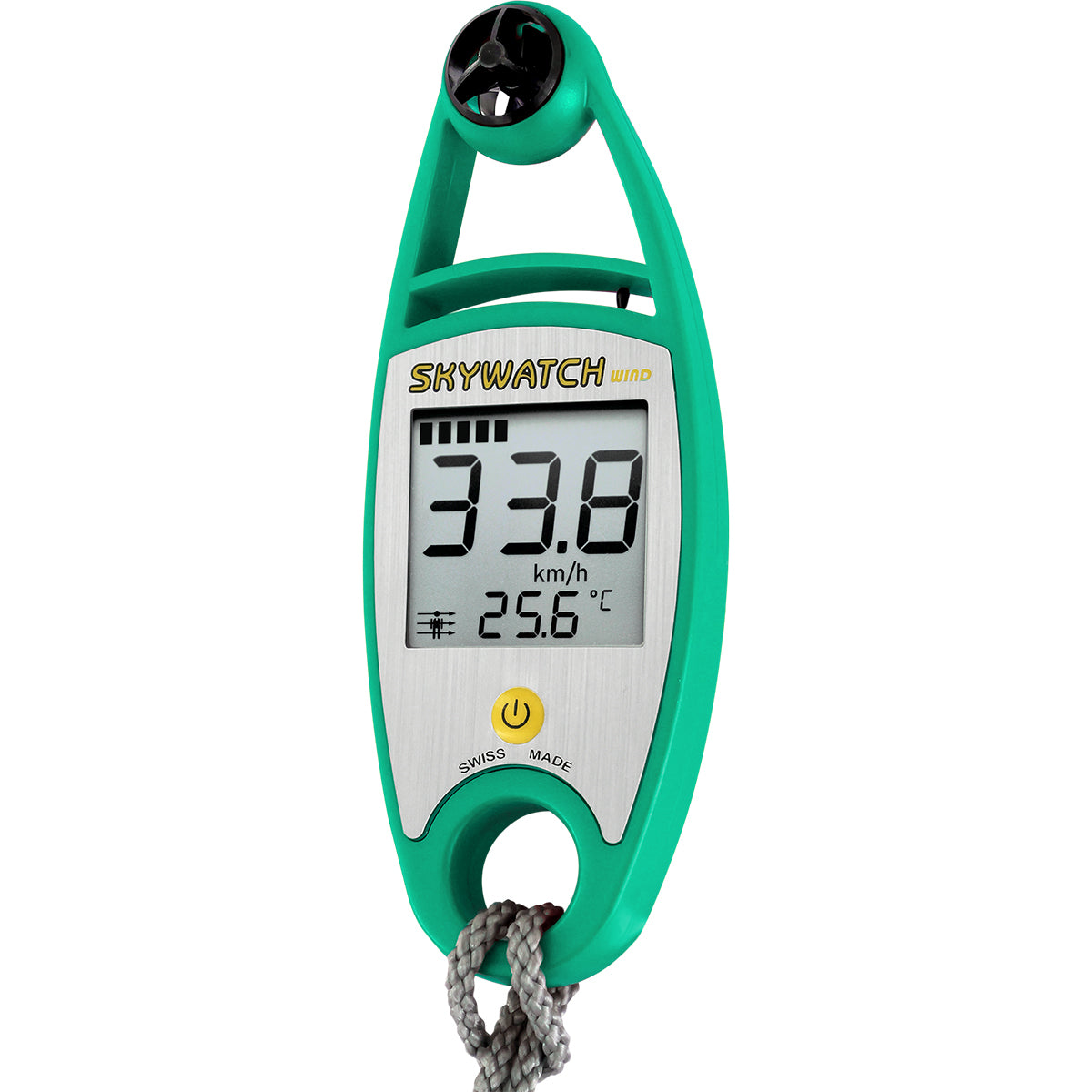 Skywatch Wind - Anemometer in Grün mit Seil, misst Windgeschwindigkeit und Temperatur, robust und wasserdicht, ideal für Paragliding-Abenteuer.