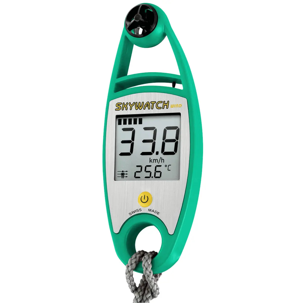 Skywatch Wind - Anemometer in Grün mit Seil, misst Windgeschwindigkeit und Temperatur, robust und wasserdicht, ideal für mobile Messungen bei Paragliding-Abenteuer.