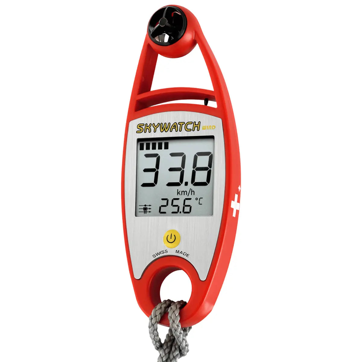 Skywatch Wind - Anemometer in Swiss Rot mit Seil, misst Windgeschwindigkeit und Temperatur, robust und wasserdicht, ideal für Paragliding-Abenteuer.