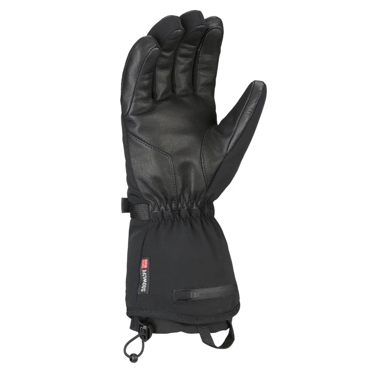Schwarzer Snowlife HEAT GTX Heizhandschuh aus Leder und Textil mit Reißverschluss und Kordelzug, ideal für Wintersport.