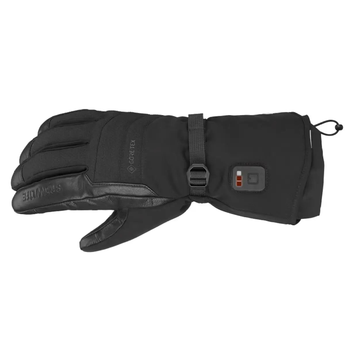 Schwarzer Snowlife HEAT GTX Heizhandschuh aus Leder und Gore-Tex mit Heizelement und Schnürzug.