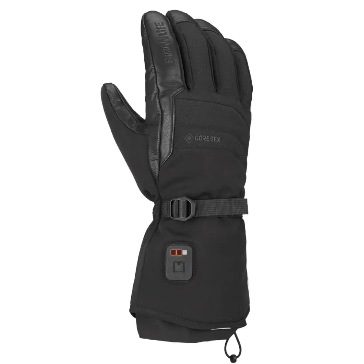 Schwarze Snowlife Heat GTX Heizhandschuhe aus Leder und Textil mit Gore-Tex, verstellbarem Klettverschluss und Ladeanzeige für den Winter.