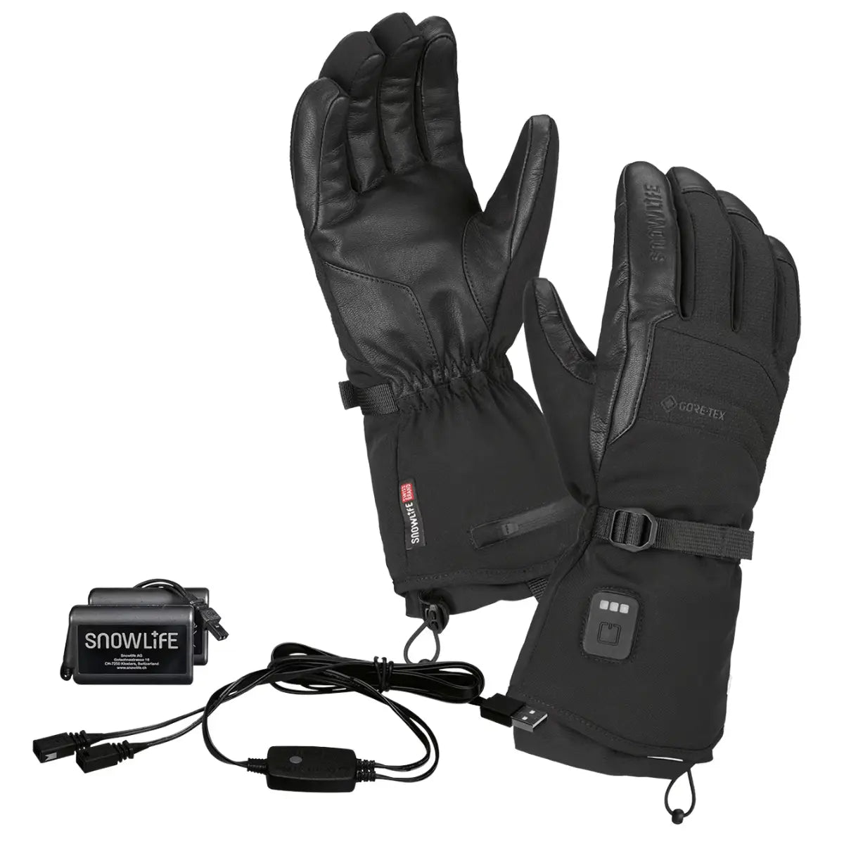 Schwarze Snowlife HEAT GTX beheizbare Handschuhe aus Leder und Textil mit GORE-TEX, inklusive Akku und Ladekabel.