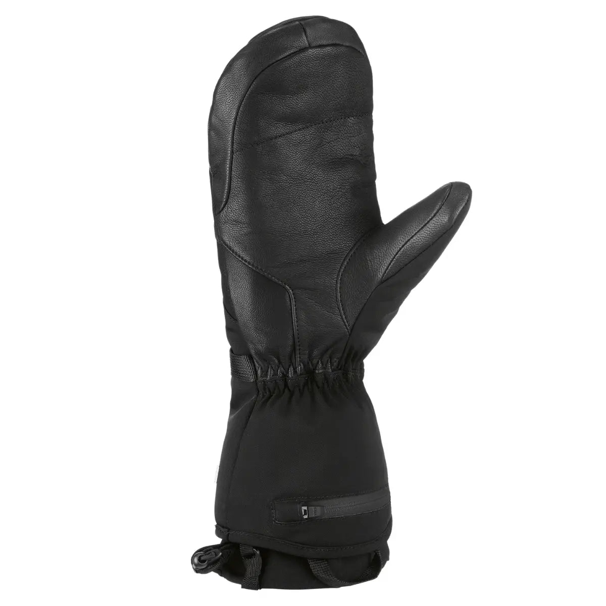 Schwarzer Snowlife Fausthandschuh aus Leder und Textil mit Reißverschluss und Kordelzug, ideal für Skifahrer.