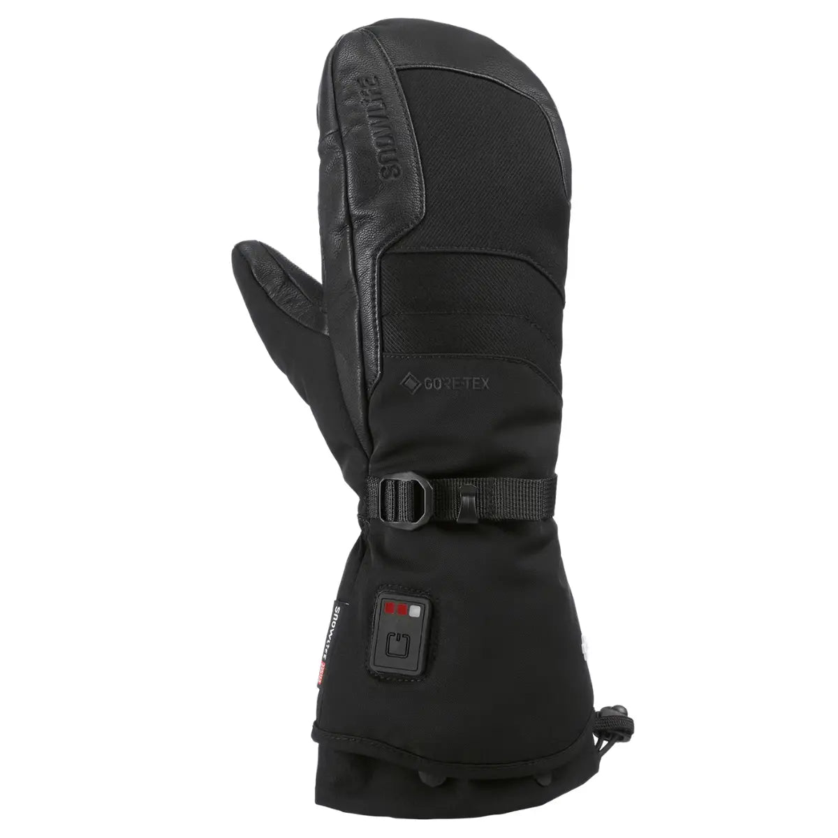 Schwarzer Snowlife HEAT GTX Fausthandschuh aus Leder und Gore-Tex mit Heizelement-Steuerung, ideal für Wintersport.