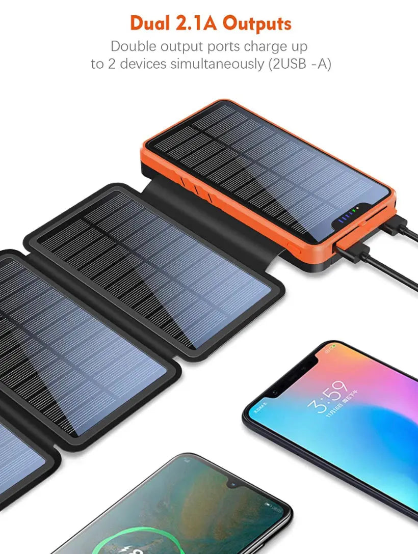Solar Powerbank 26'800mAh mit faltbaren Solarmodulen, ideal für unterwegs. Lädt Smartphones und mehr, schützt vor Überladung und bietet hohe Effizienz.
