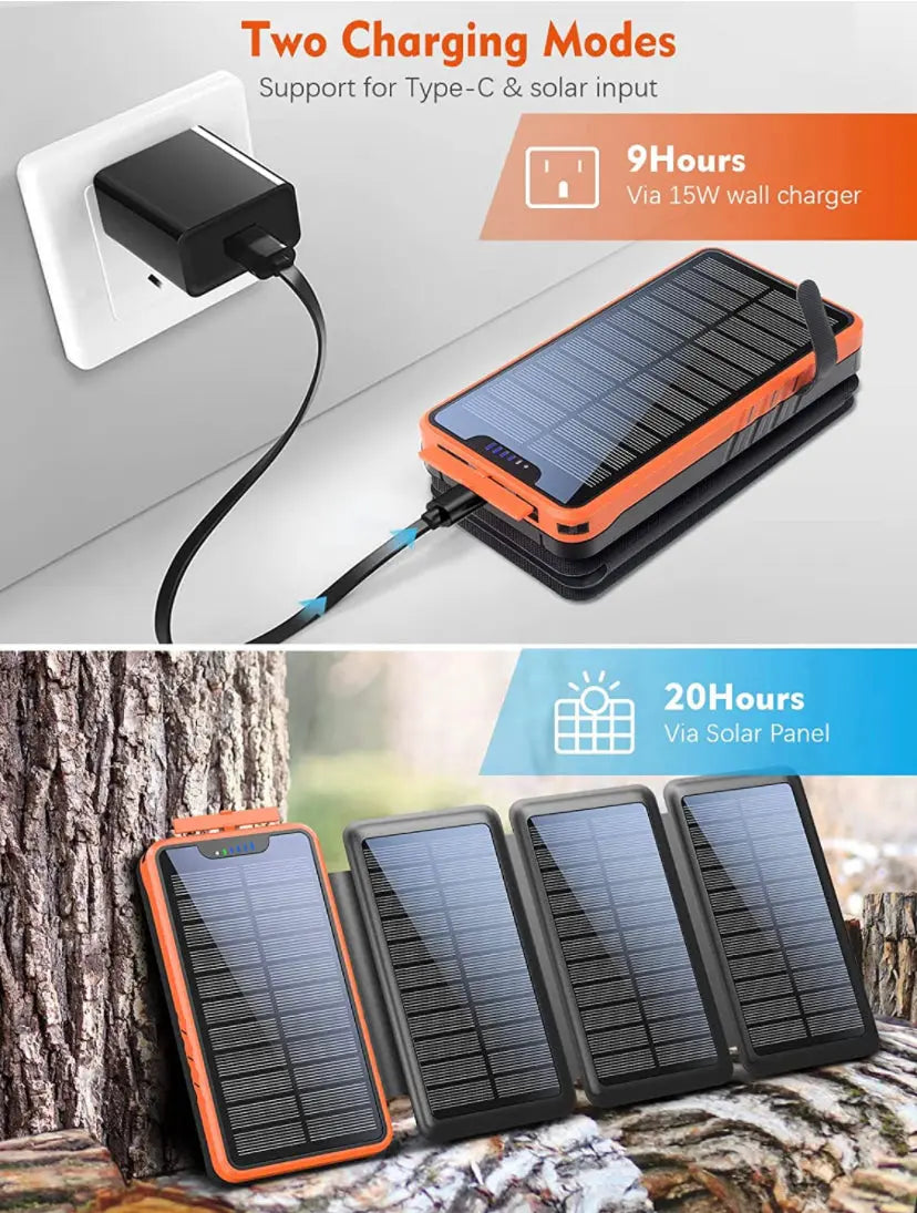 Solar Powerbank 26'800mAh mit vier faltbaren Solarmodulen, ideal für unterwegs und Paragliding, bietet schnellen Ladevorgang und Geräteschutz.