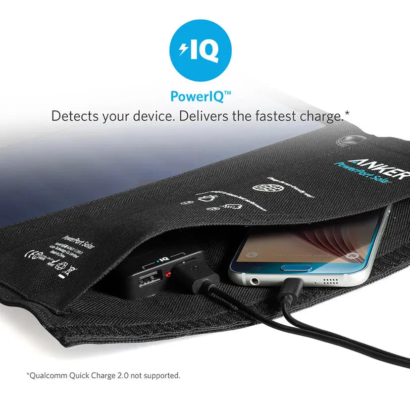 Solarpanel PowerPort 21W in Tasche mit Handy und Ladegerät; ideal für Camping und Gleitschirmfliegen, bietet schnelle Ladegeschwindigkeit und Wetterbeständigkeit.